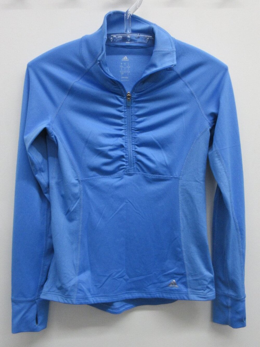 ADIDAS BLUE LONG SLEEVE SHIRT TOP WOMENS SMALL CLIMALITE HALF ZIP RUCHED DETAIL